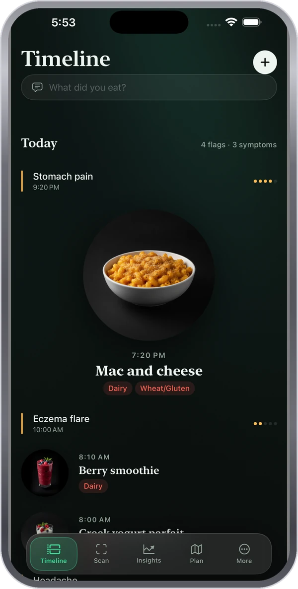 AllergAI timeline showing meals, allergen flags, and symptoms