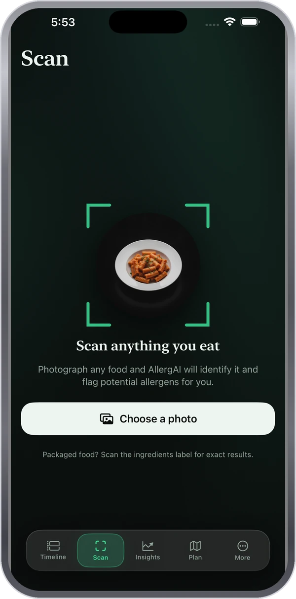AllergAI scan screen identifying a plate of food