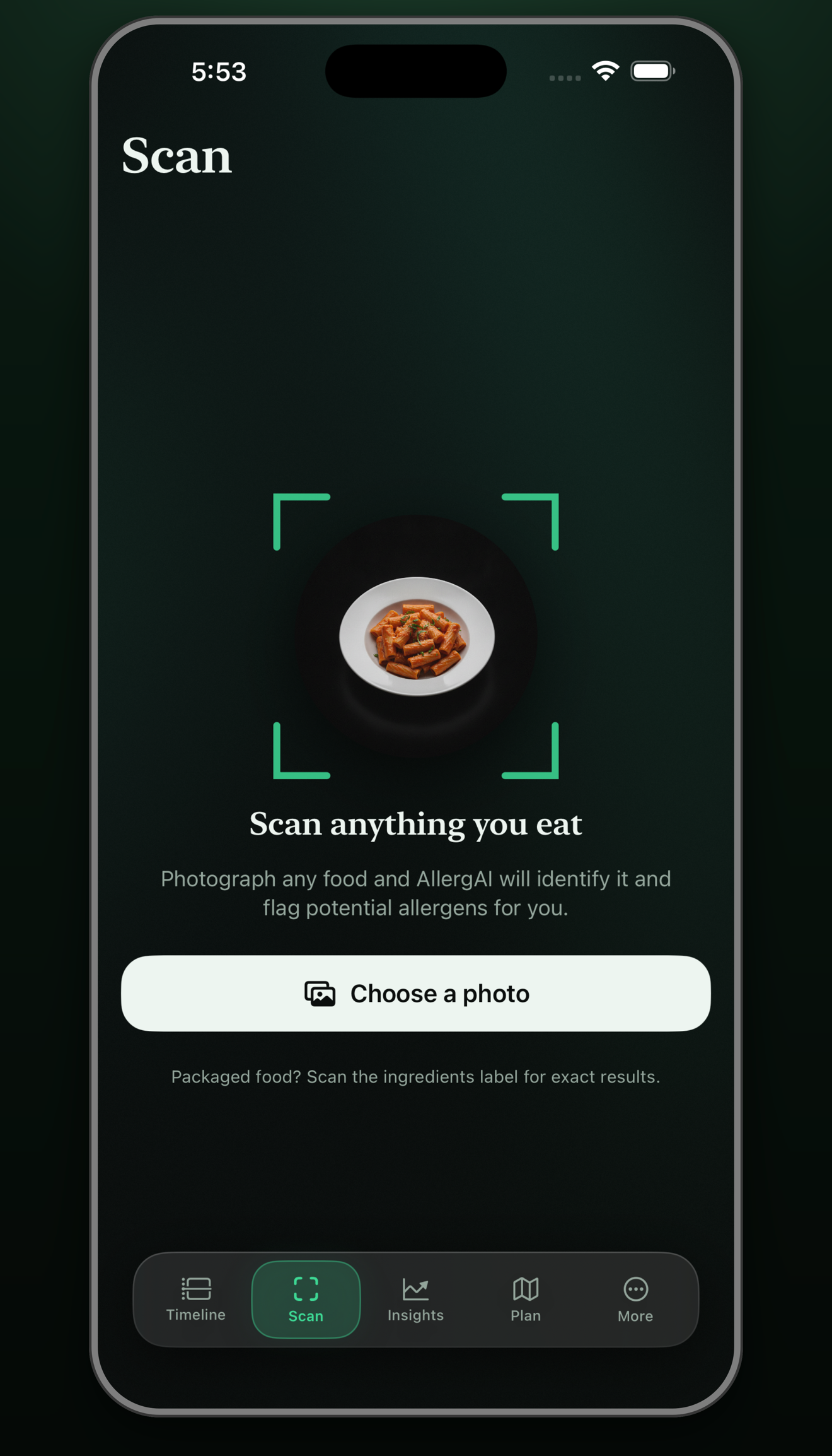 AllergAI scan screen identifying a plate of food