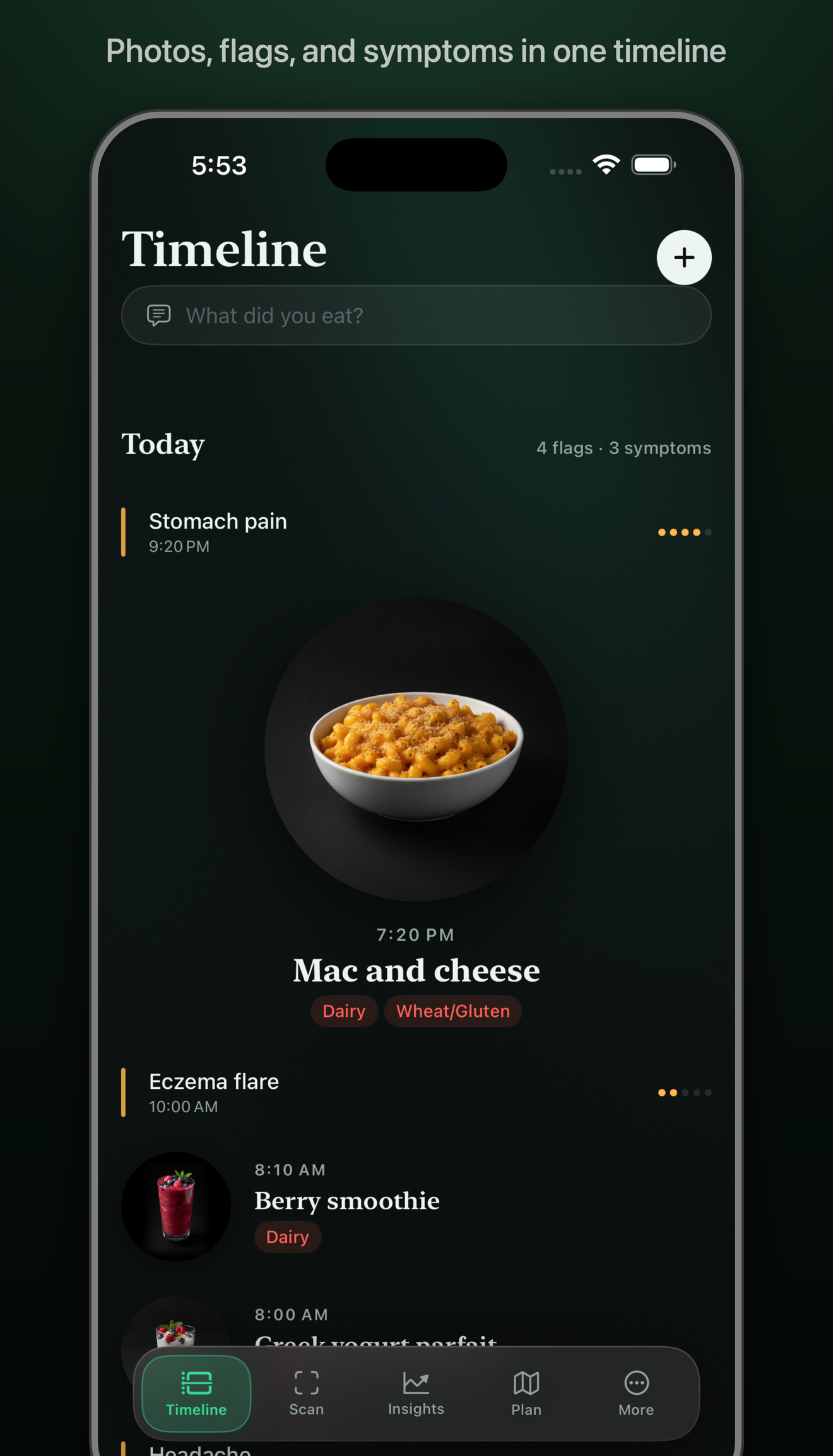 AllergAI timeline showing meals, allergen flags, and symptoms